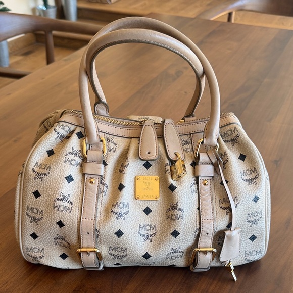 MCM Handbags - MCM Beige Visetos Leather Boston Bag with Gold Hardware
